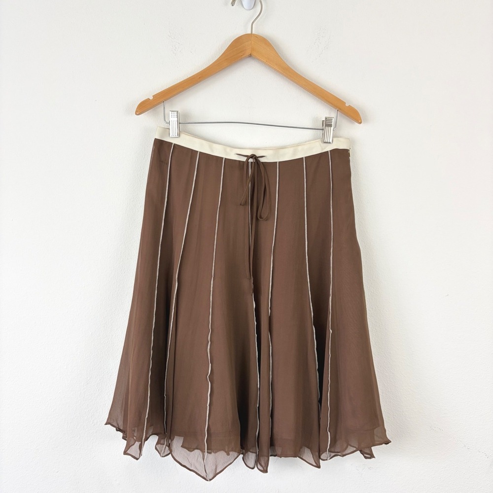 VTG Y2K 100% Silk Brown A-Line WDNY Fairycore Skirt Ivory Contrast Stitch Sz 8